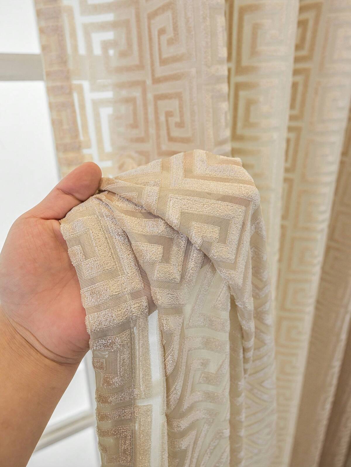 1pc Flocked Jacquard Fabric Curtain, Semi-Sheer Privacy Curtain For Bedroom, Living Room, Farmhouse Breathable Curtain With Soft Material