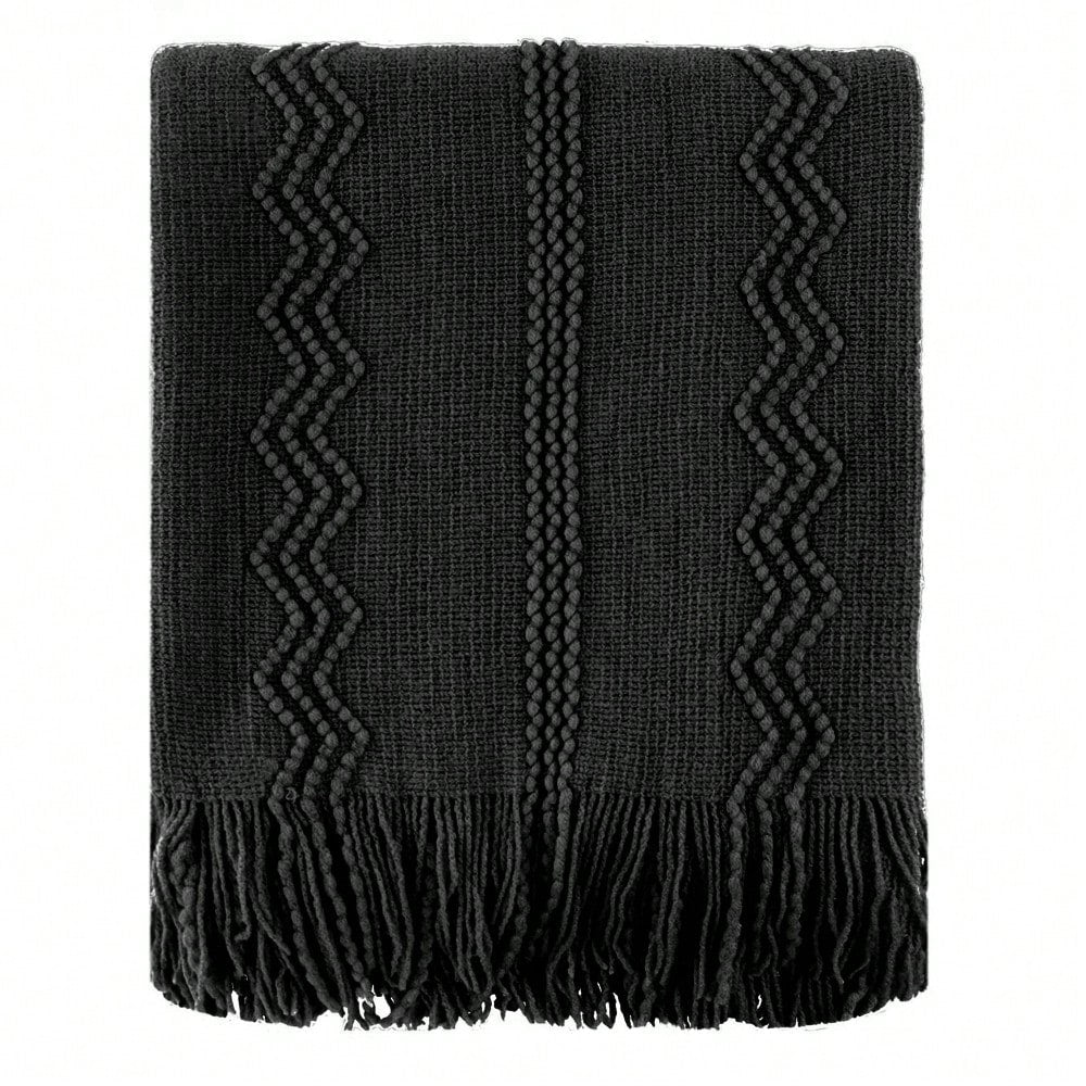Black Throw Blanket With Fringe, Bed Throws For Home Decor, Decorative Black Knit Throw For Couch Sofa, Home Decor,50"X60"