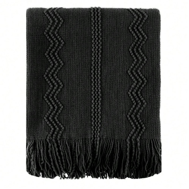 Black Throw Blanket With Fringe, Bed Throws For Home Decor, Decorative Black Knit Throw For Couch Sofa, Home Decor,50"X60"