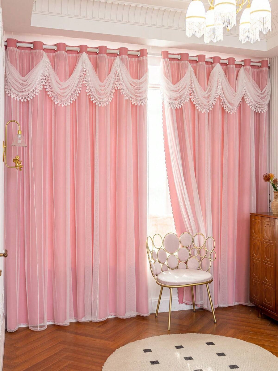 1pc [Grommet Top] European-Style All-In-One Curtain With Elegant Fabric Skirt, Blackout Lining + Sheer, Suitable For Bedroom, Living Room, Dining Room, Urban Soft Furnishing Style, Compatible With Multiple Rod Installation