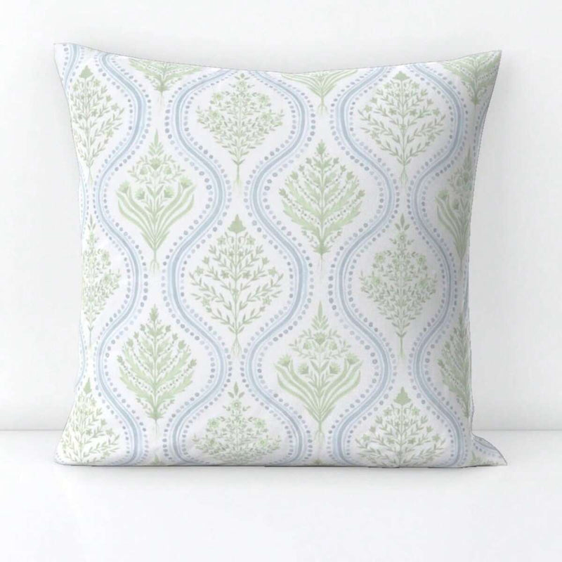 Preppy PaiS-Ley Throw Pillow -- Green Blue Cottage Vine Large Decorati-Ve Square Throw Pillow -- CorN-FLower Green Blue By Danika -Herrick